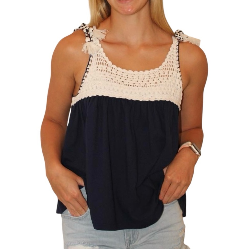 APRICOT LANE NAVY BLUE/WHITE HALF CROCHET TOP SIZE LARGE